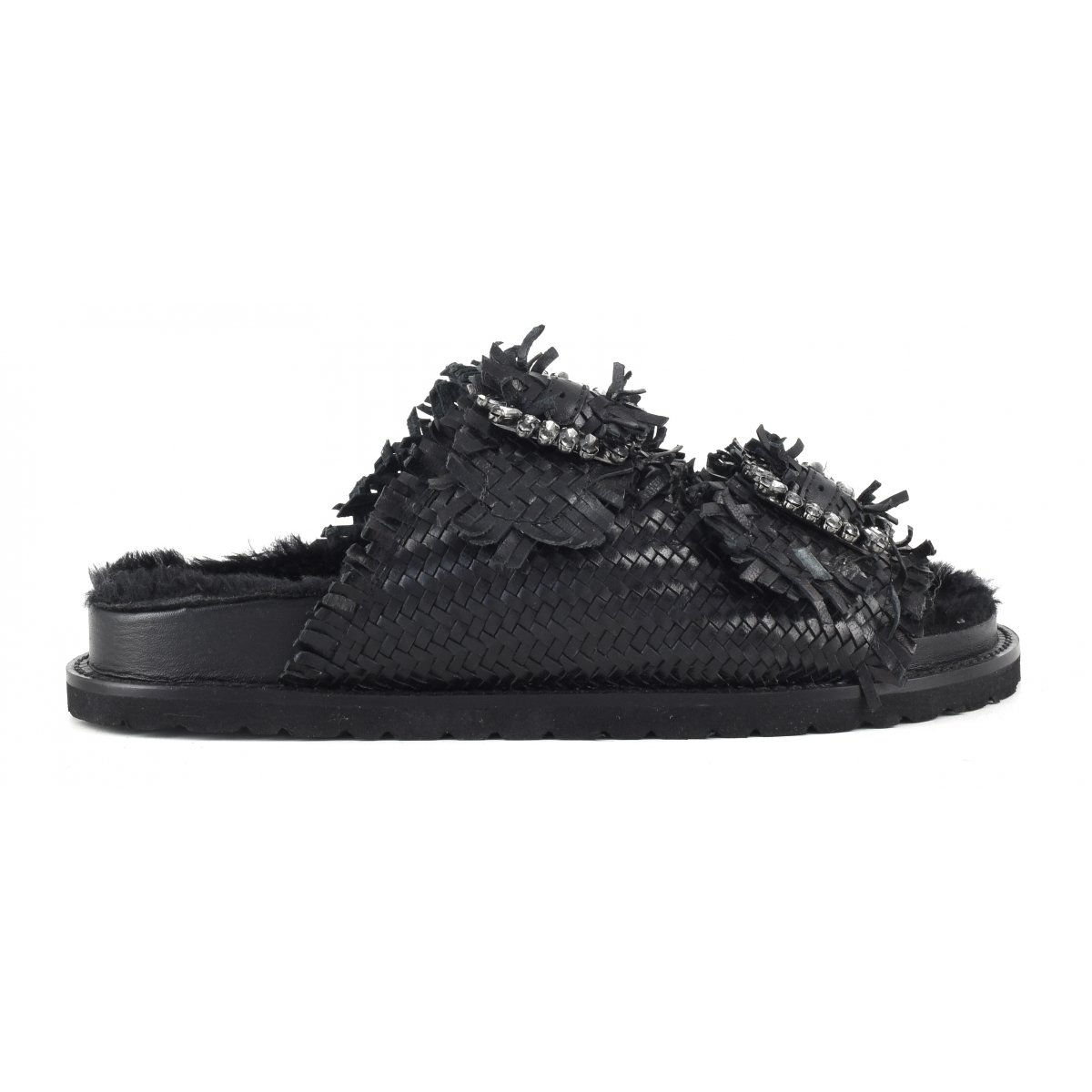 Slipper fibbia gioiello con fodera in pelliccia sintetica