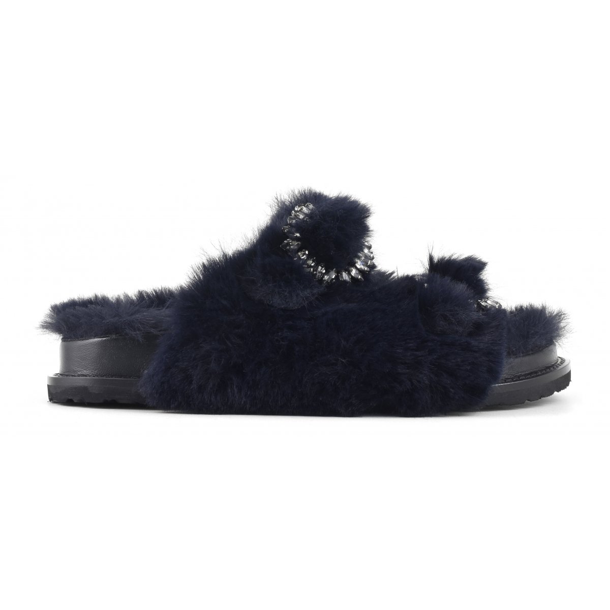 Slipper fibbia gioiello in pelliccia sintetica