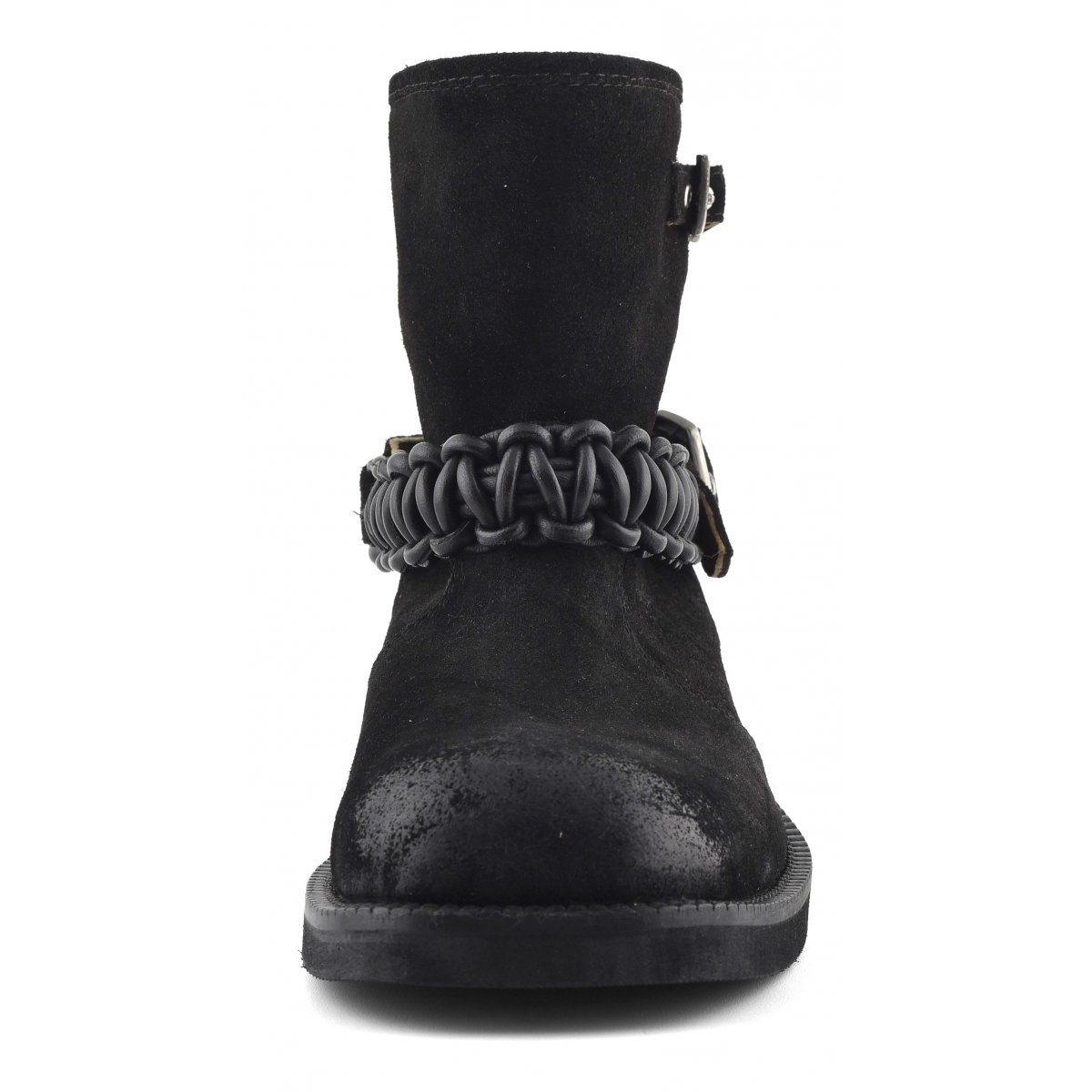 Stivaletto biker con cinturino in pelle intrecciata