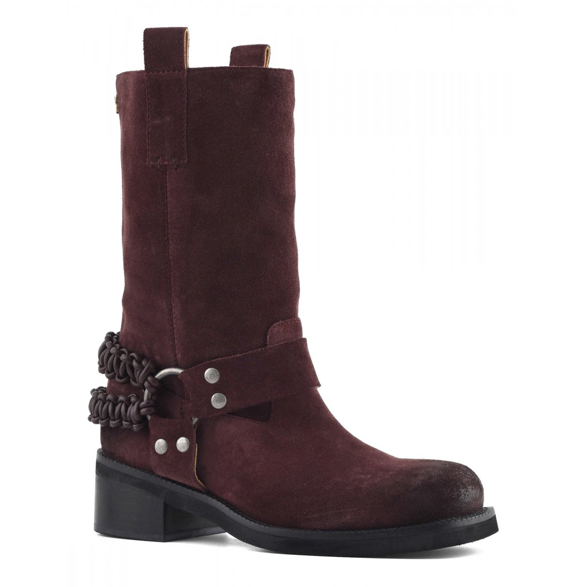 Stivale biker con cinturino in pelle intrecciata