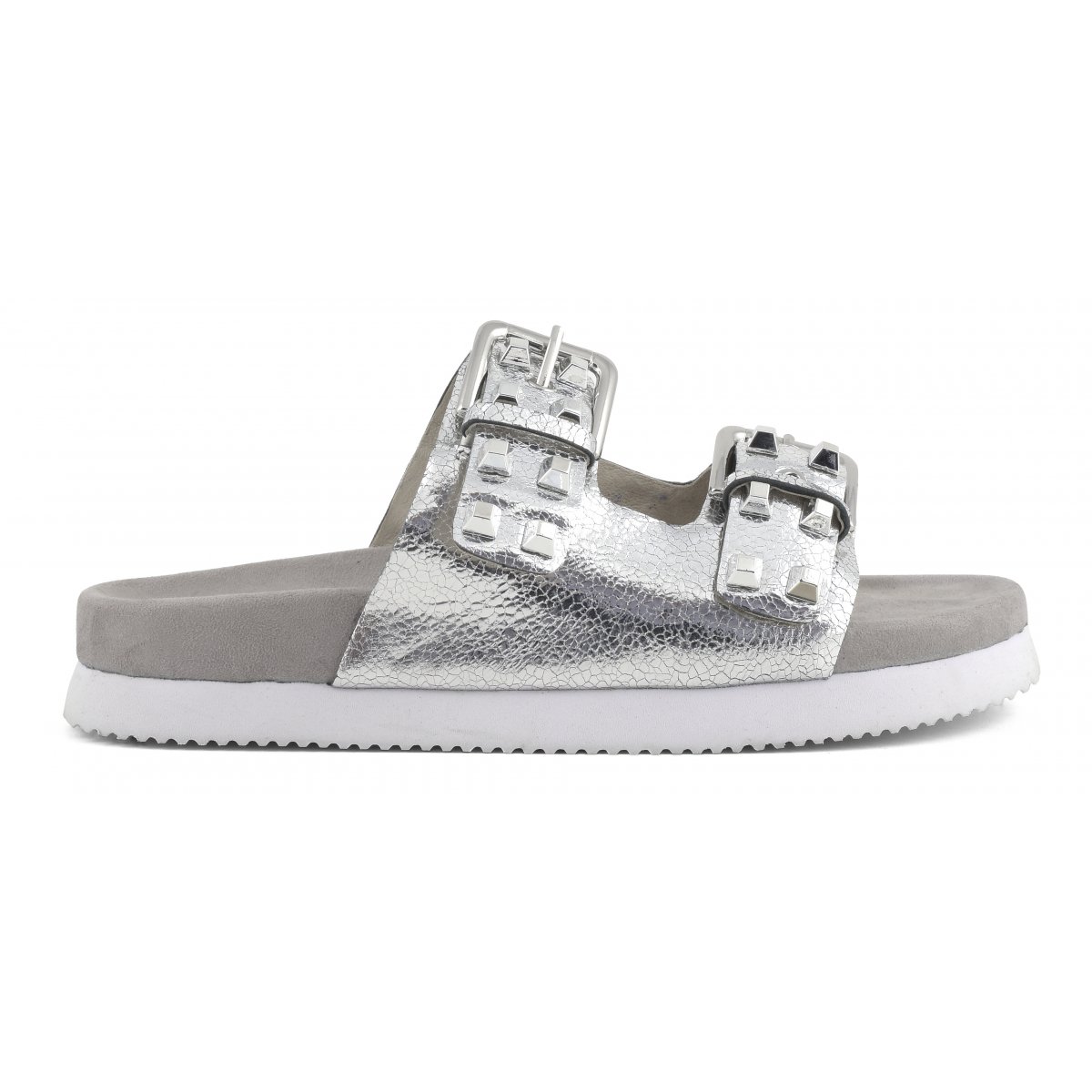 Sandali in pelle laminata con fibbie e borchie