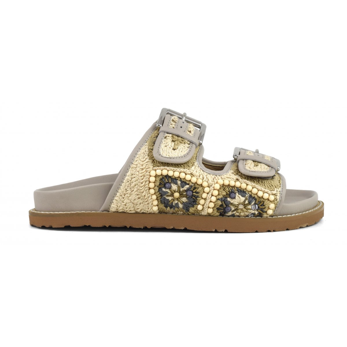 Sandalo con doppia fascia in crochet e fibbie