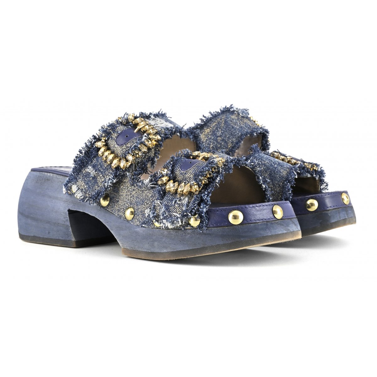 Zoccolo aperto in denim fibbie gioiello