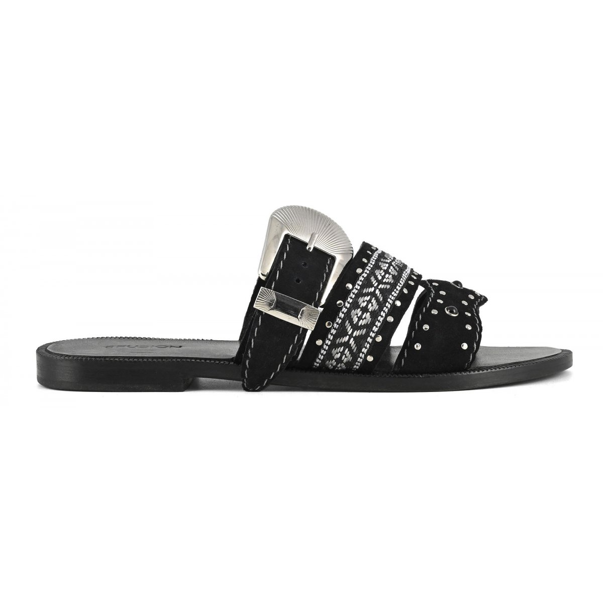 Sandalo tripla fascia con inserto in tessuto