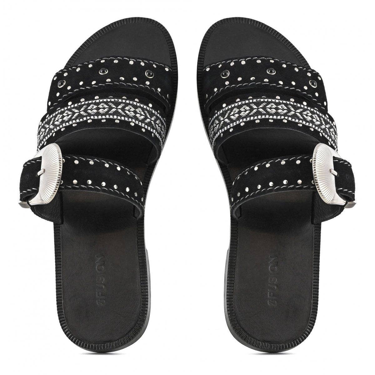 Sandalo tripla fascia con inserto in tessuto