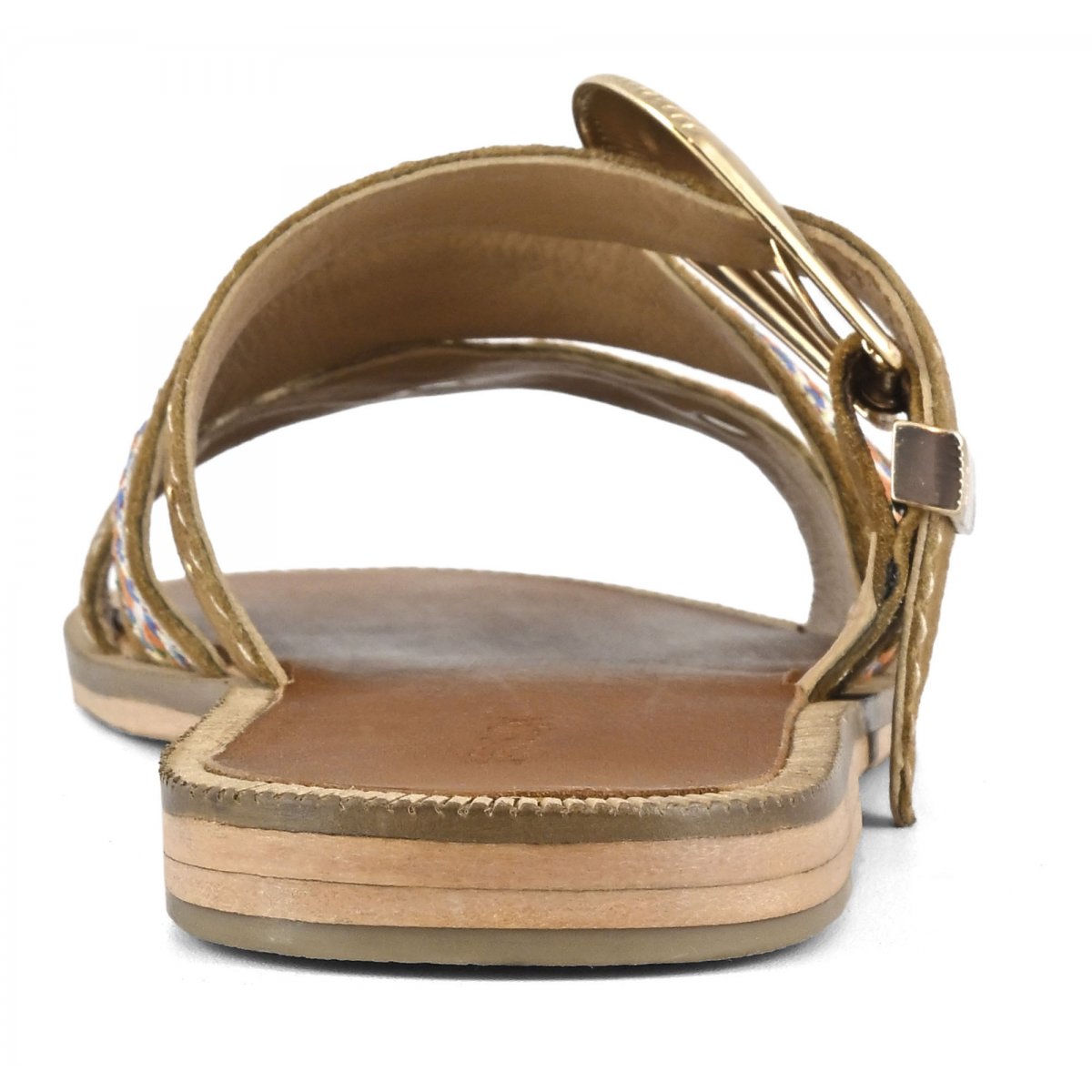 Sandalo tripla fascia con inserto in tessuto