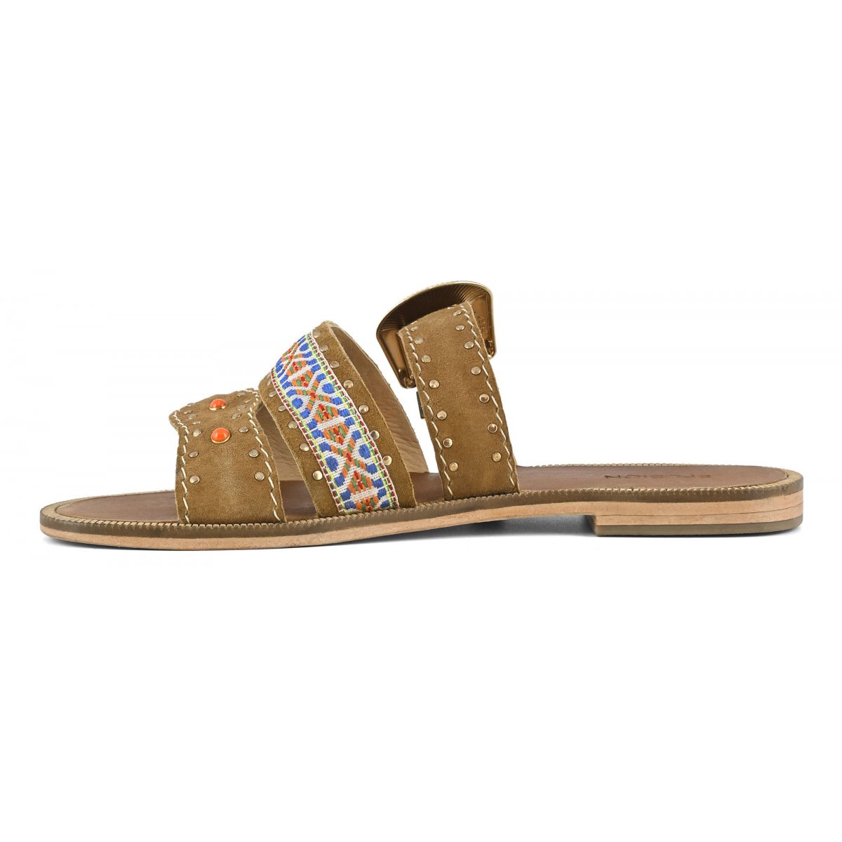 Sandalo tripla fascia con inserto in tessuto