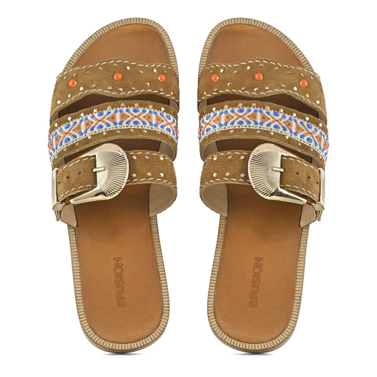 Sandalo tripla fascia con inserto in tessuto