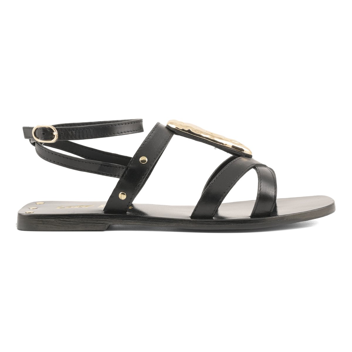 Sandalo in pelle con accessorio in metallo