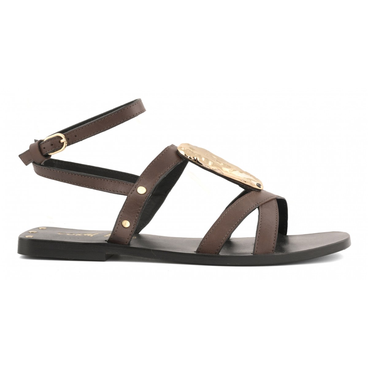 Sandalo in pelle con accessorio in metallo